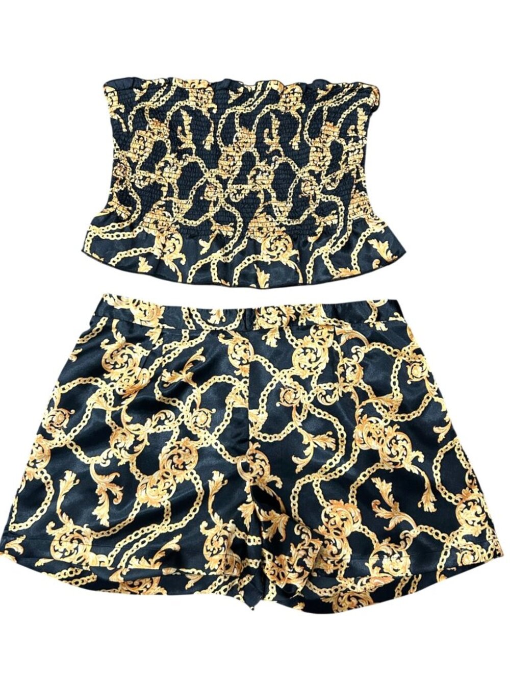 Black Gold Chain Print 2X Smocked Top Shorts Y2K Statement Style Two Piece Set